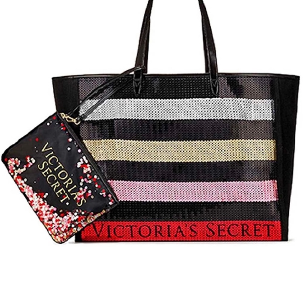 NWT Victoria’s Secret sequin canvas holiday bling tote bag and zipper pouch